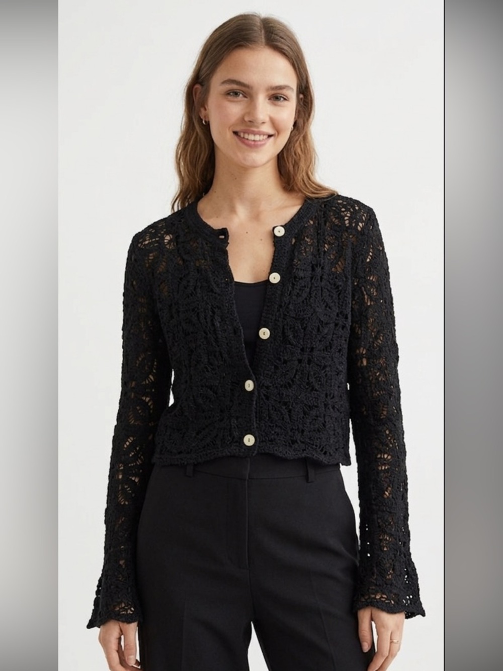 H&M Divided Open-Knit Crochet Button-Up Long Bell Sleeve Cardigan Medium Black